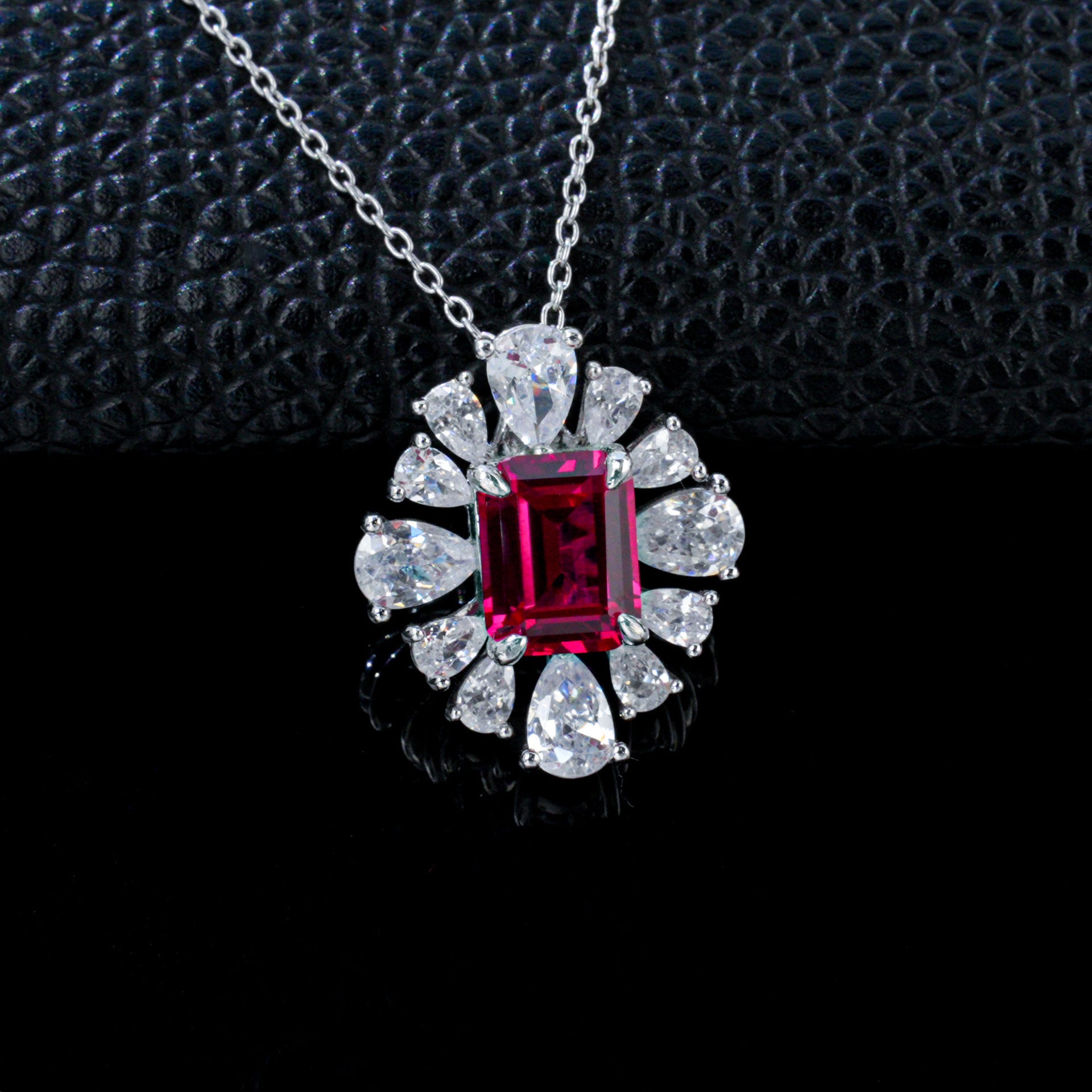 Flower Halo Pendant S925 Silver Pigeon Blood Ruby Centre Teardrop Stone Radiant Prong, Evening Gift - Photo 6