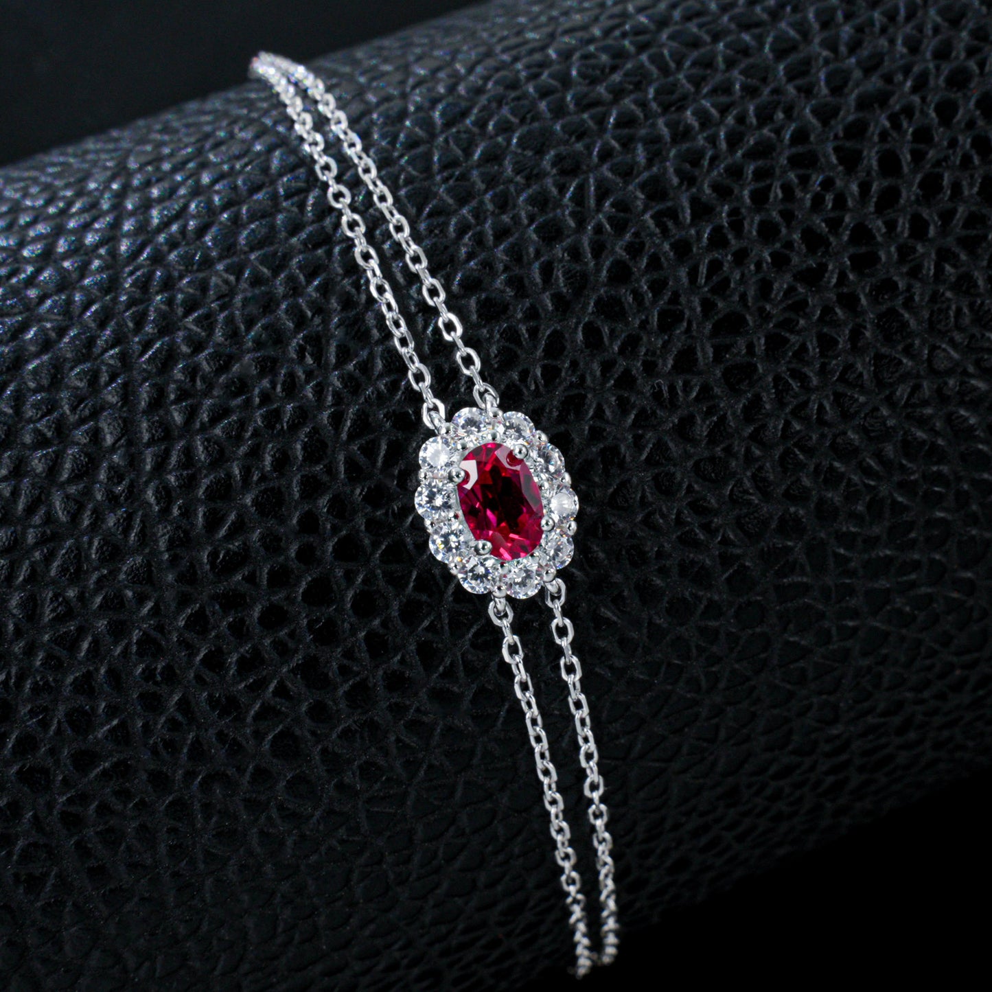S925 Silver O-Link Slim Chain Oval Lab Ruby Single-Halo Bracelet, Premium - Photo 2