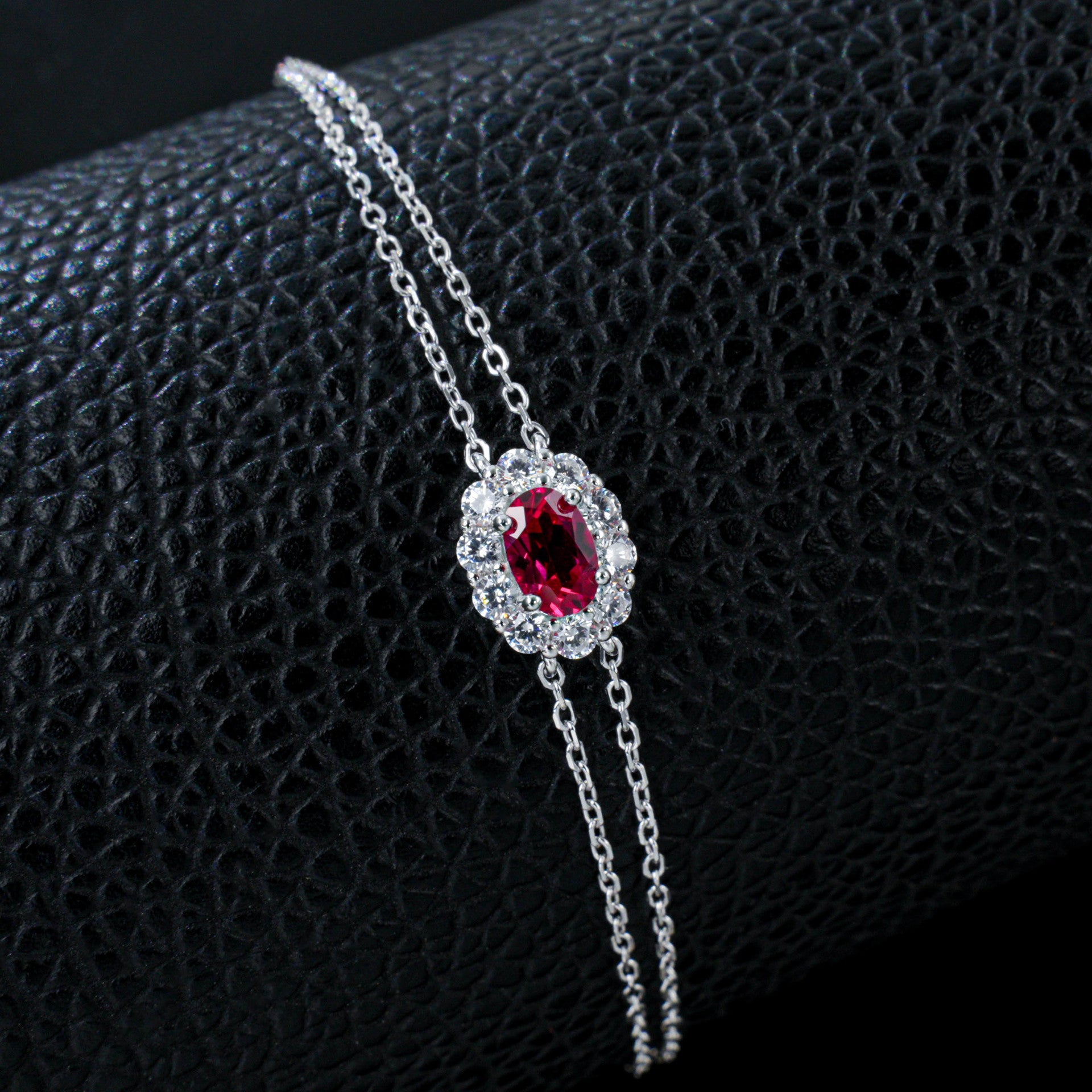 S925 Silver O-Link Slim Chain Oval Lab Ruby Single-Halo Bracelet, Premium - Photo 2