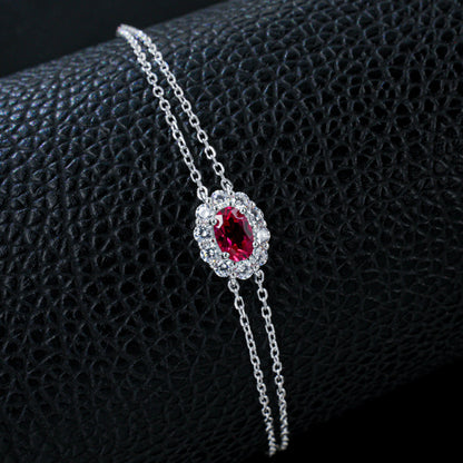 S925 Silver O-Link Slim Chain Oval Lab Ruby Single-Halo Bracelet, Premium - Photo 2