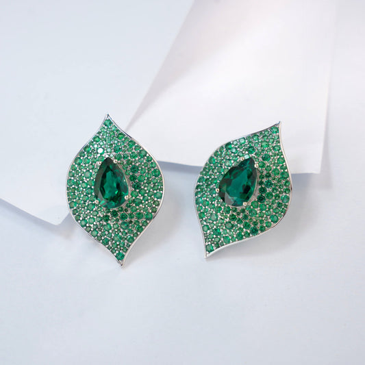 S925 Sterling Silver Teardrop Emerald Leaf Stud Earrings, Versatile Premium - Photo 3