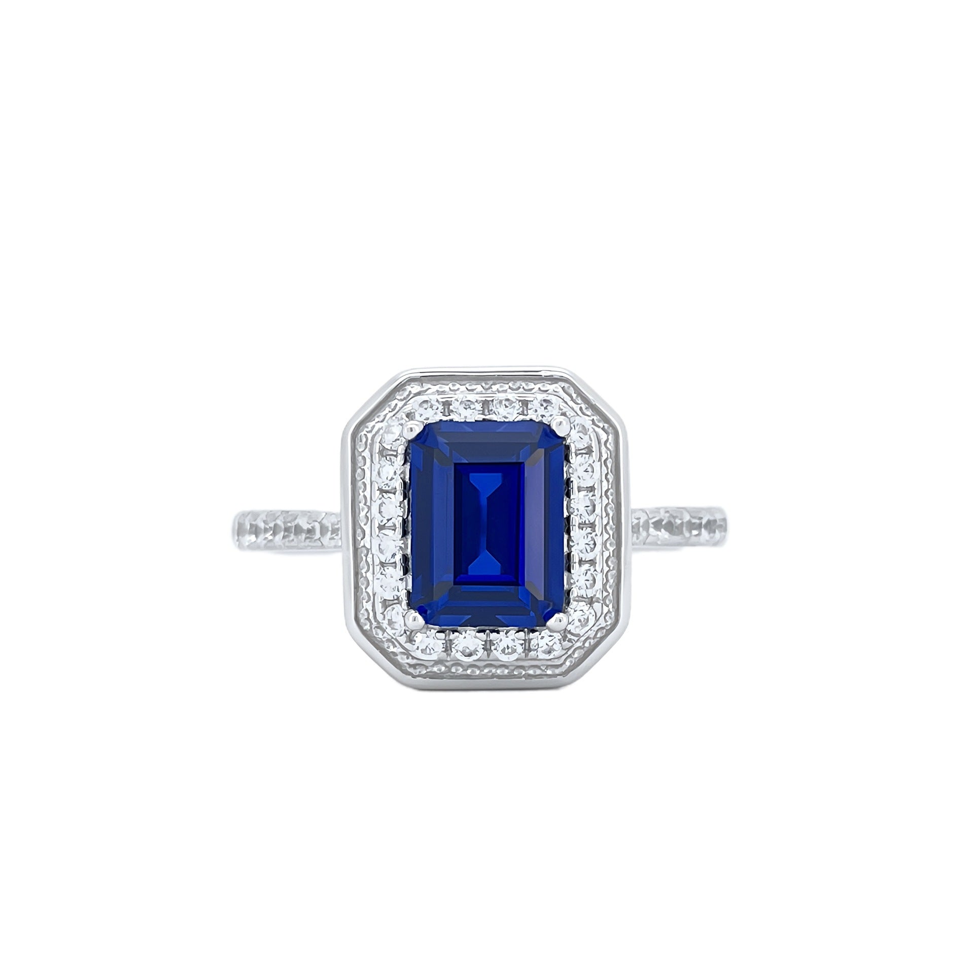 S925 Sterling Silver Lab Sapphire Ring, Halo Full Diamond - Photo 5
