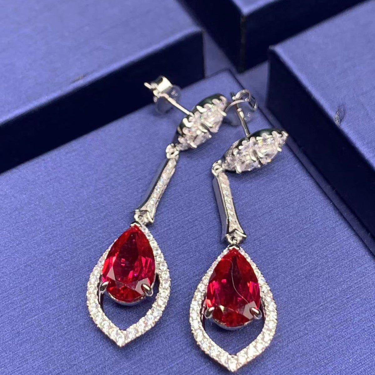 S925 Silver Teardrop Hollow Ruby Long Drop Earrings, Vintage Evening Premium - Photo 3