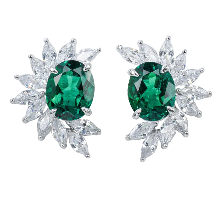 S925 Silver Oval Lab Emerald Marquise Diamond Halo Women's Earrings - Photo 1
