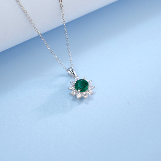 S925 Sterling Silver Lab Emerald Sunflower Halo Pendant Necklace, Vintage Versatile - Photo 3