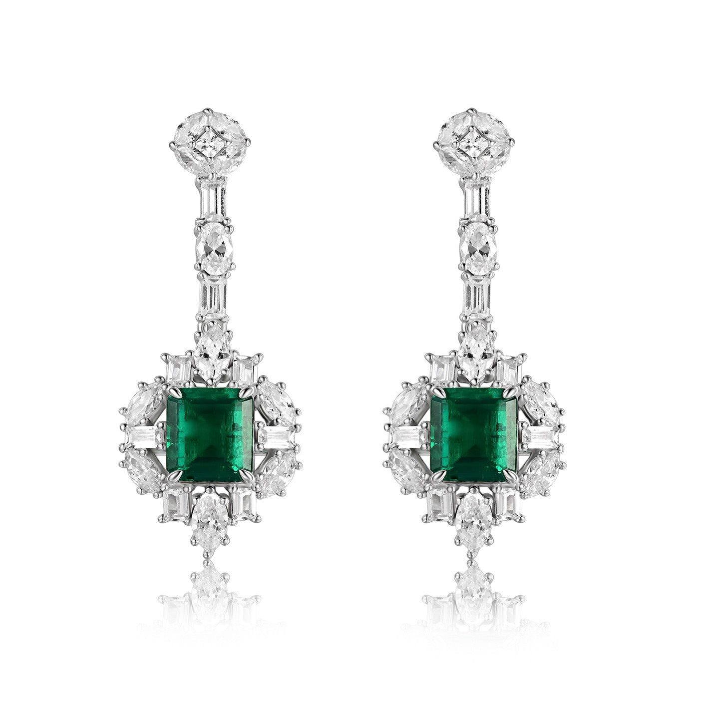 S925 Sterling Silver Lab Emerald Drop Earrings, Full Diamond Emerald - Photo 6