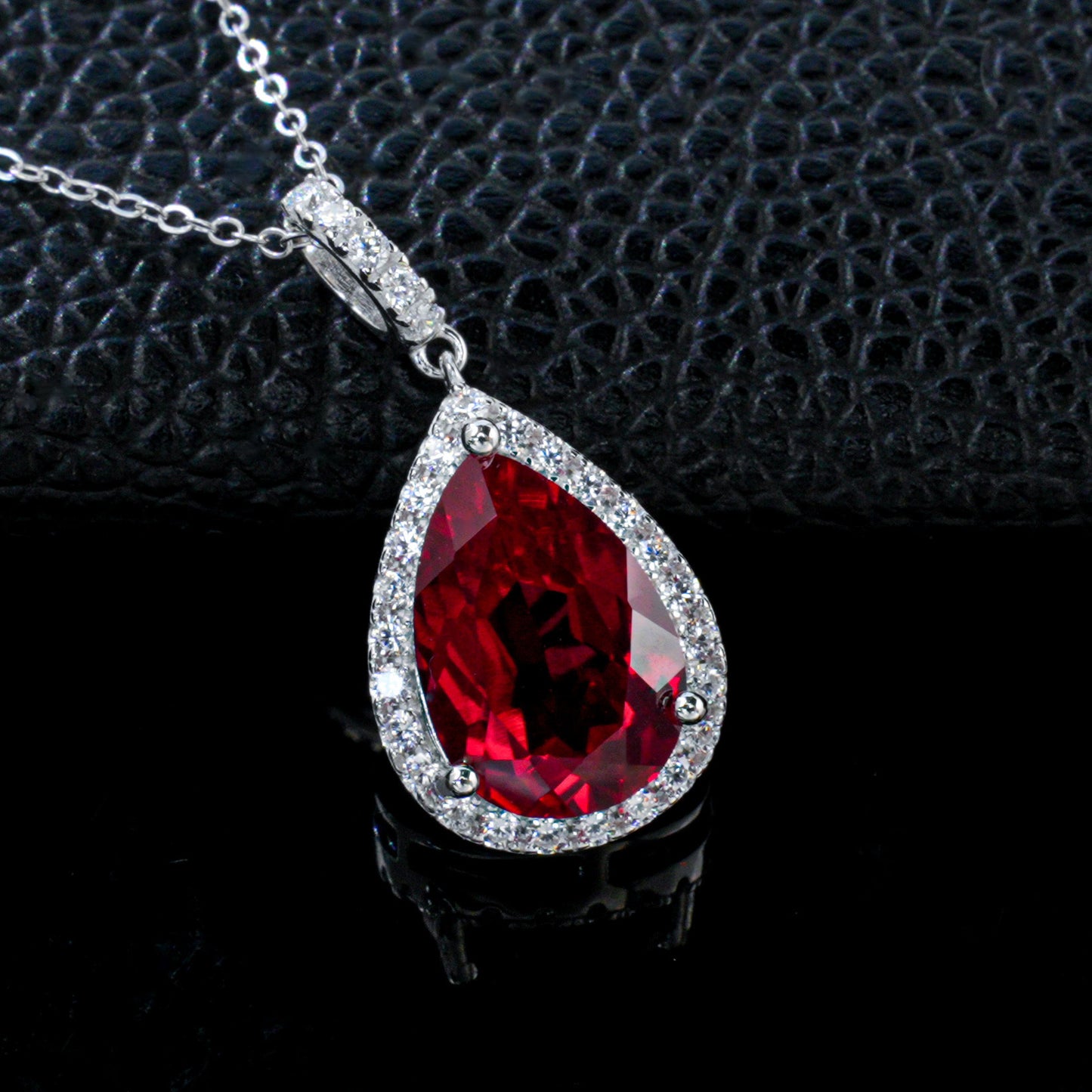 925 Sterling Silver Lab Ruby Teardrop Halo Pendant Choker, Elegant Jewellery - Photo 1