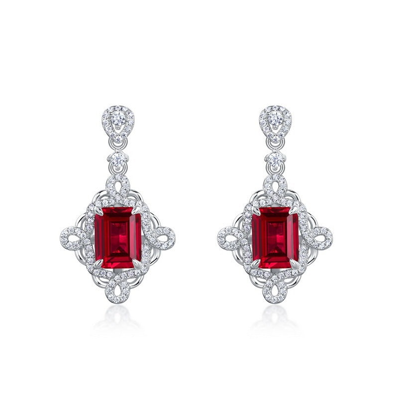 S925 Sterling Silver Lab Ruby Earrings Chinese Style Halo, for Women - Photo 5