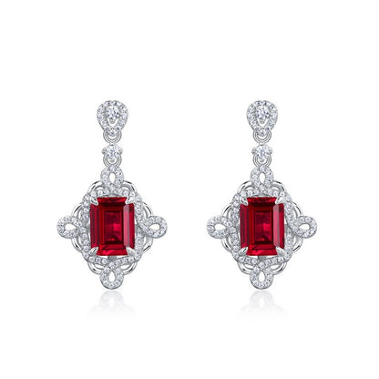 S925 Sterling Silver Lab Ruby Earrings Chinese Style Halo, for Women - Photo 5