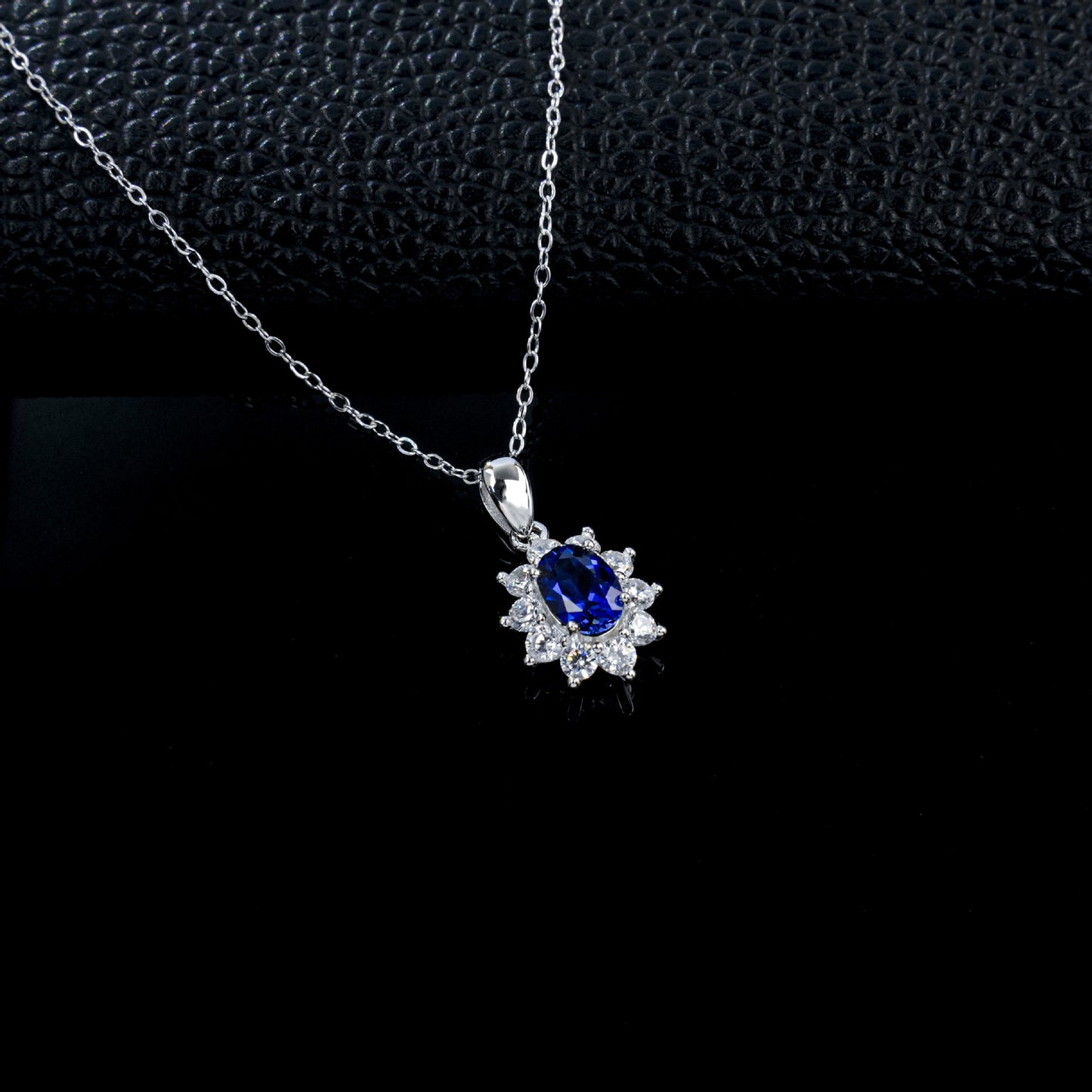 S925 Silver Oval Lab Sapphire Sunflower Diamond Pendant Necklace, Classic - Photo 3