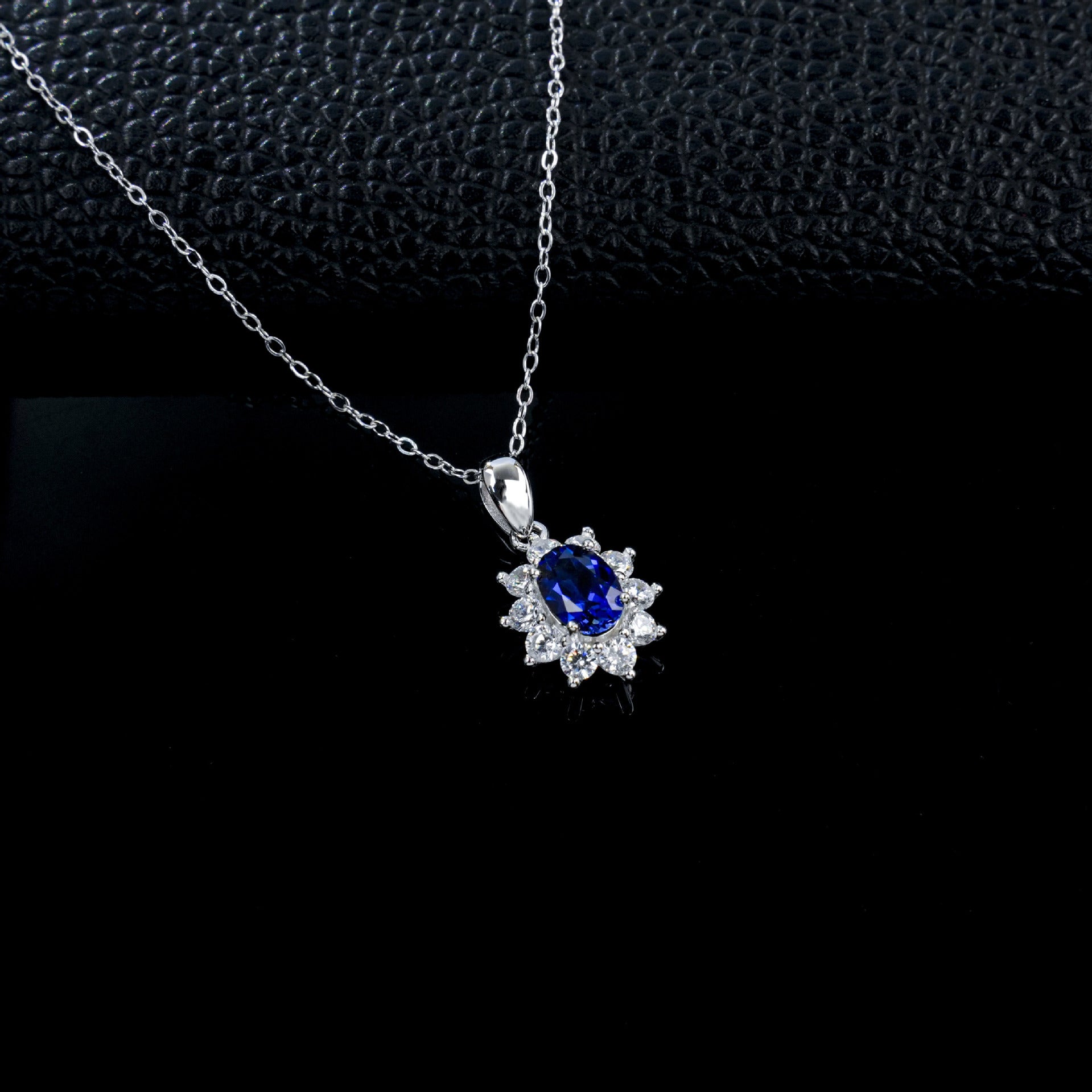 S925 Silver Oval Lab Sapphire Sunflower Diamond Pendant Necklace, Classic - Photo 3