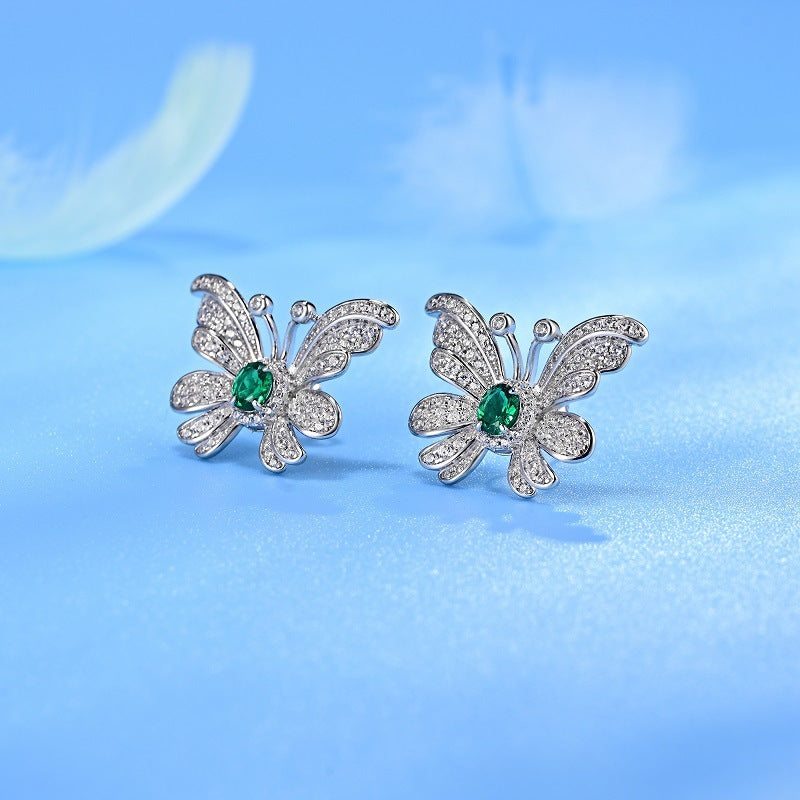 Lab Emerald S925 Silver Stud Earrings, Butterfly Vintage Premium - Photo 2