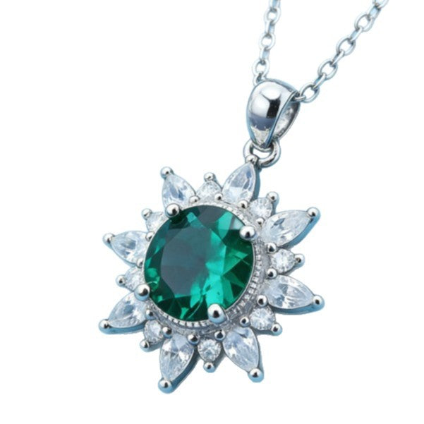 S925 Sterling Silver Lab Emerald Sunflower Halo Pendant Choker Necklace, Premium - Photo 5