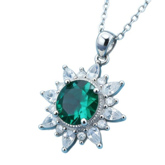 S925 Sterling Silver Lab Emerald Sunflower Halo Pendant Choker Necklace, Premium - Photo 5