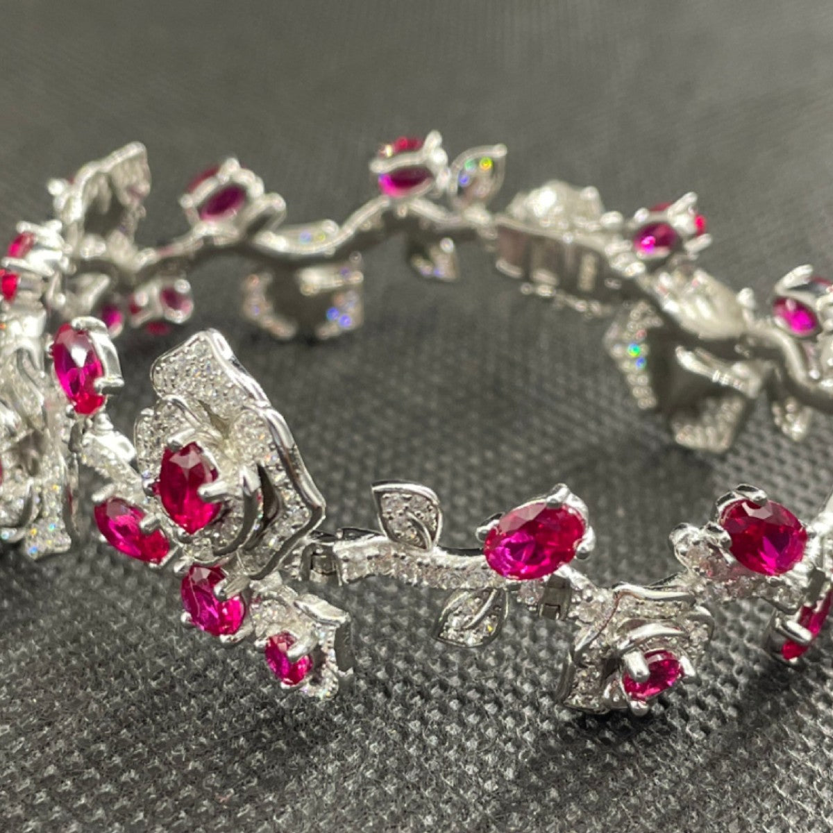 S925 Sterling Silver Lab Ruby Rose Branch Bracelet, Romantic Vintage Anniversary - Photo 4