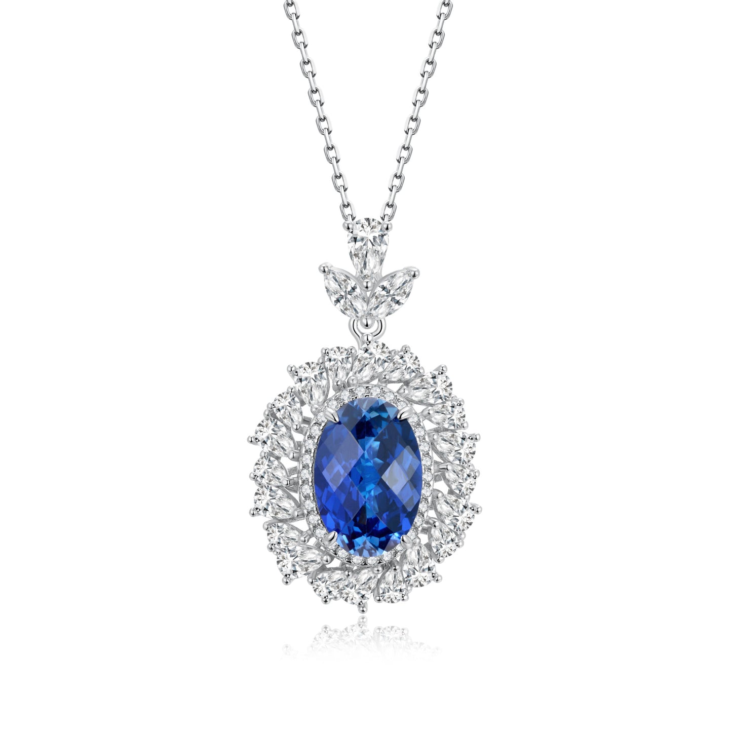 S925 Sterling Silver Oval Sapphire Pendant Choker Halo, Design Versatile Premium - Photo 4