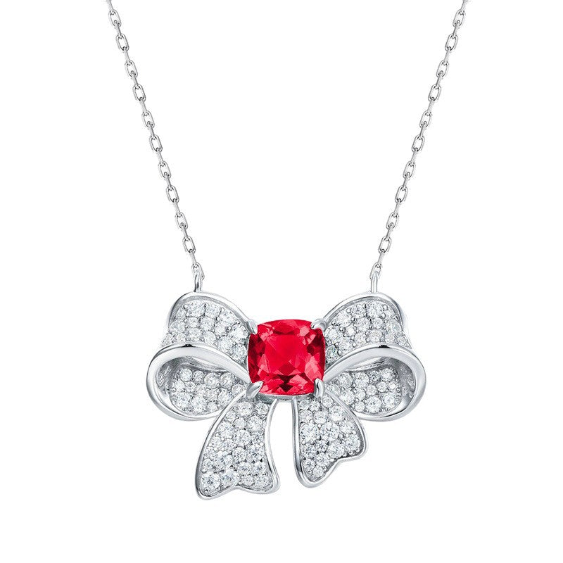 S925 Sterling Silver Lab Ruby Bow Full Diamond Choker, Versatile - Photo 5