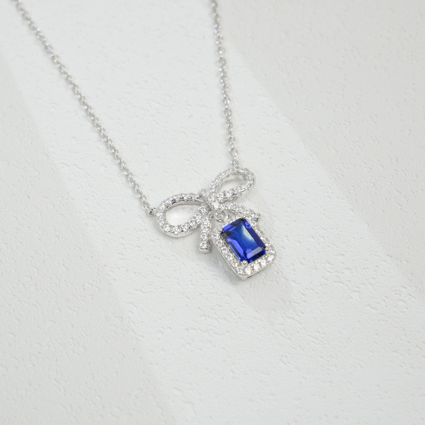 925 Sterling Silver Lab Sapphire Bowknot Pave Halo Necklace, Delicate O-Chain for Women - Photo 4