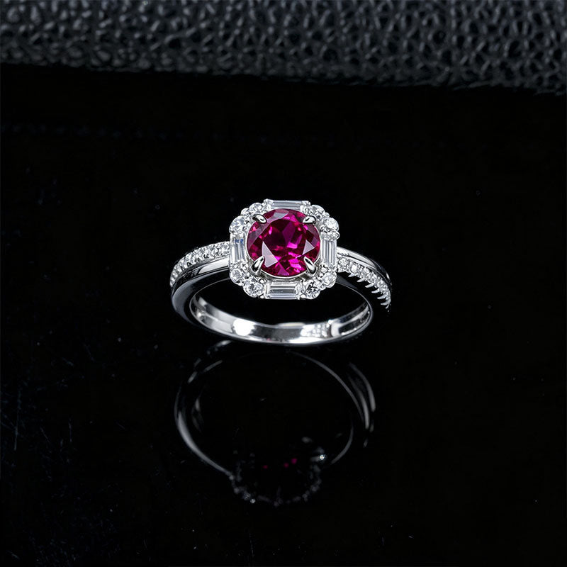 S925 Silver Round Lab Ruby Halo Ring, Vintage Engagement Anniversary - Photo 3