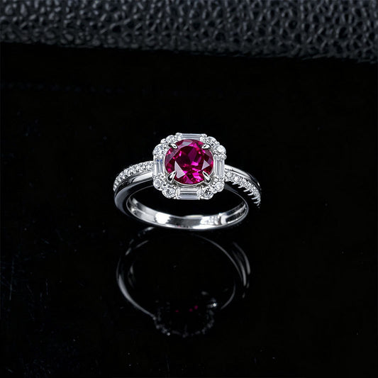 S925 Silver Round Lab Ruby Halo Ring, Vintage Engagement Anniversary - Photo 3