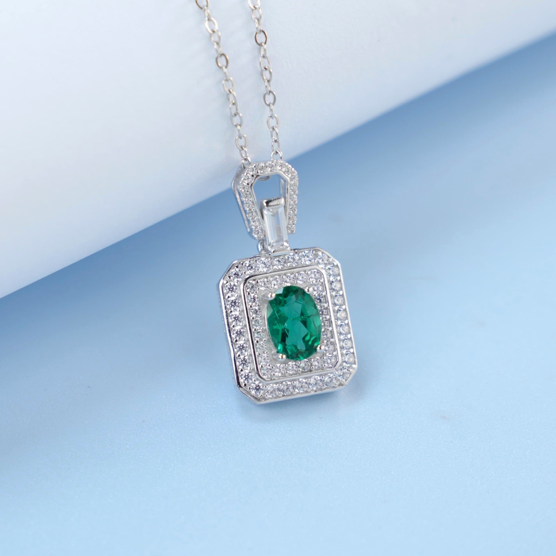 925 Sterling Silver Lab Emerald Necklace, Classic Fresh Vintage - Photo 2