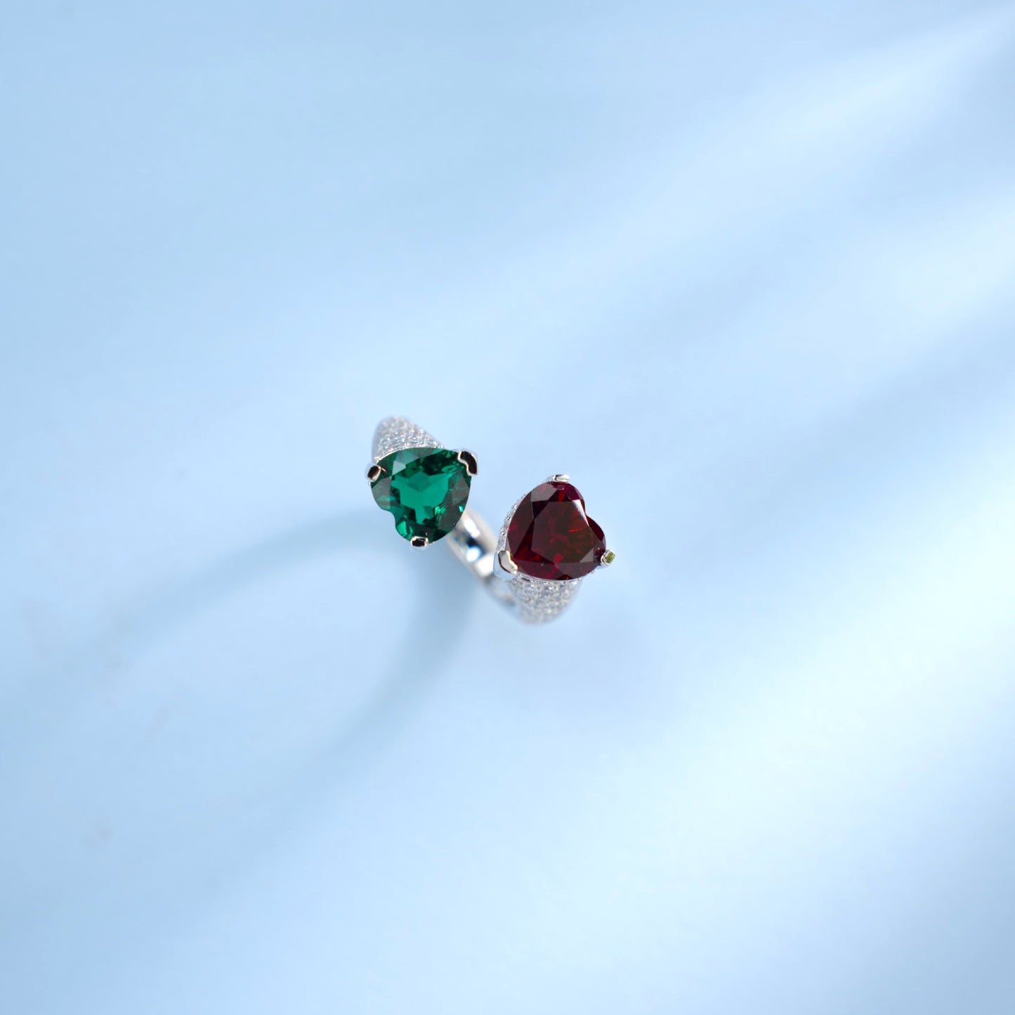 925 Silver Red-Green Heart Ring, Versatile Heart Open - Photo 2