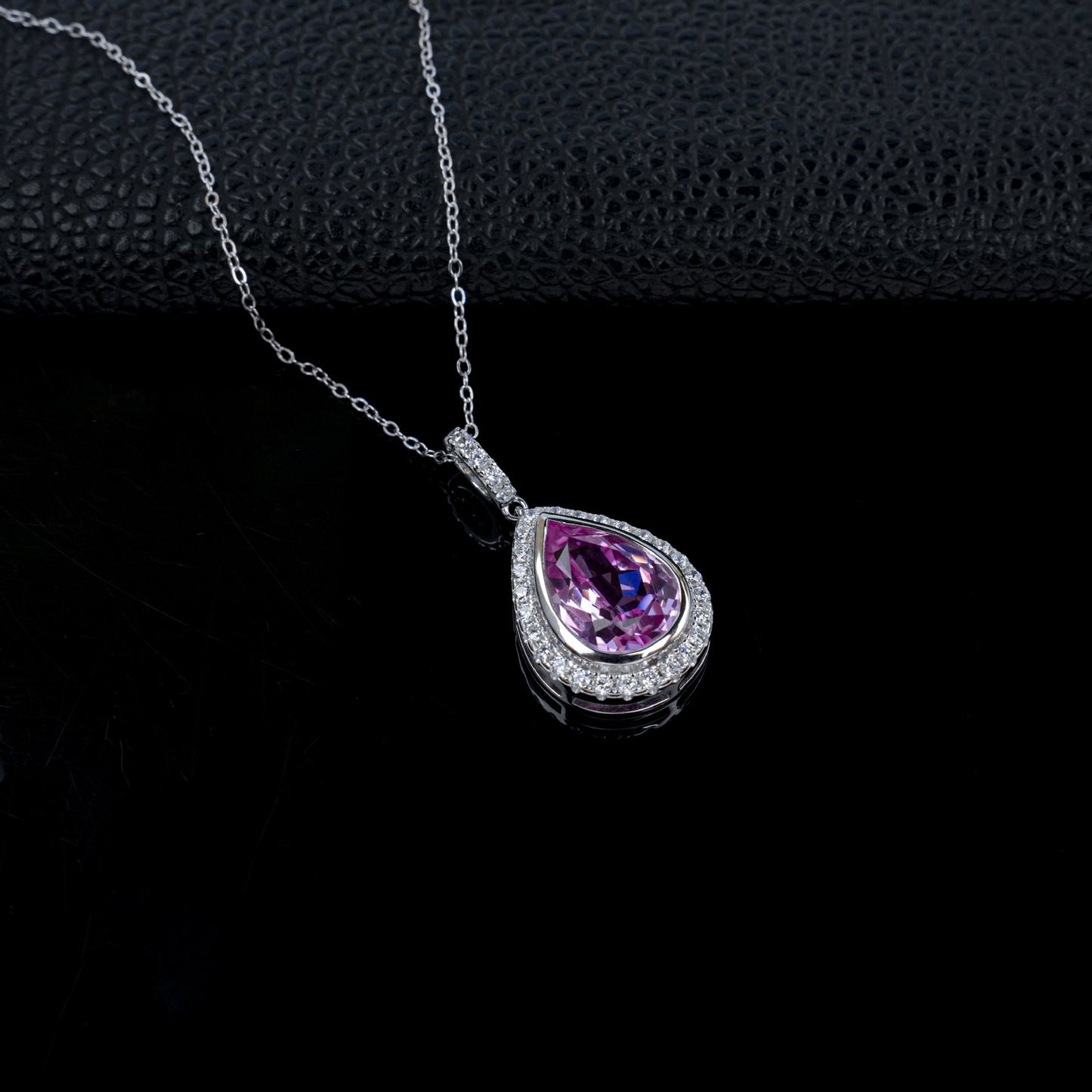S925 Silver Pear Teardrop Lab Pink Gemstone Full-Halo Pendant Necklace, Birthday Gift - Photo 3