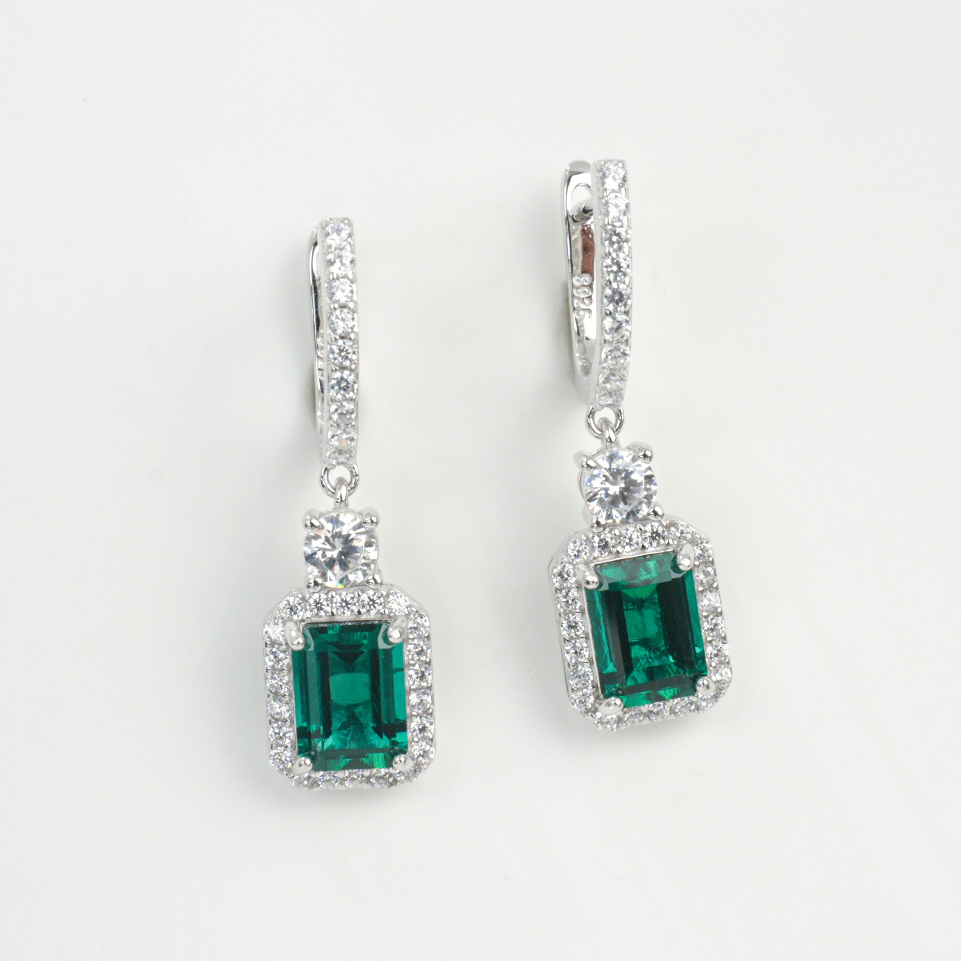 925 Sterling Silver Lab Emerald Square Earrings, French Vintage - Photo 6