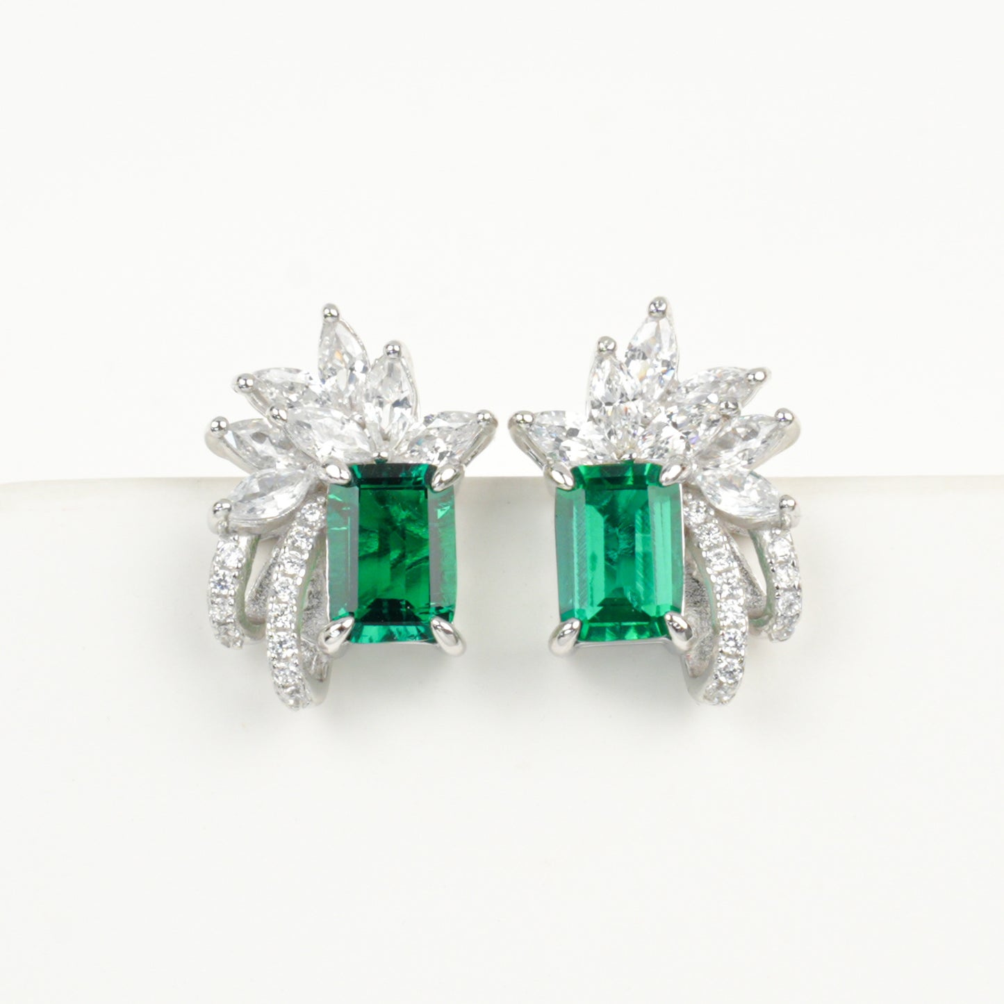 925 Sterling Silver Lab Emerald Square Stud Earrings, Princess Premium Vintage - Photo 5