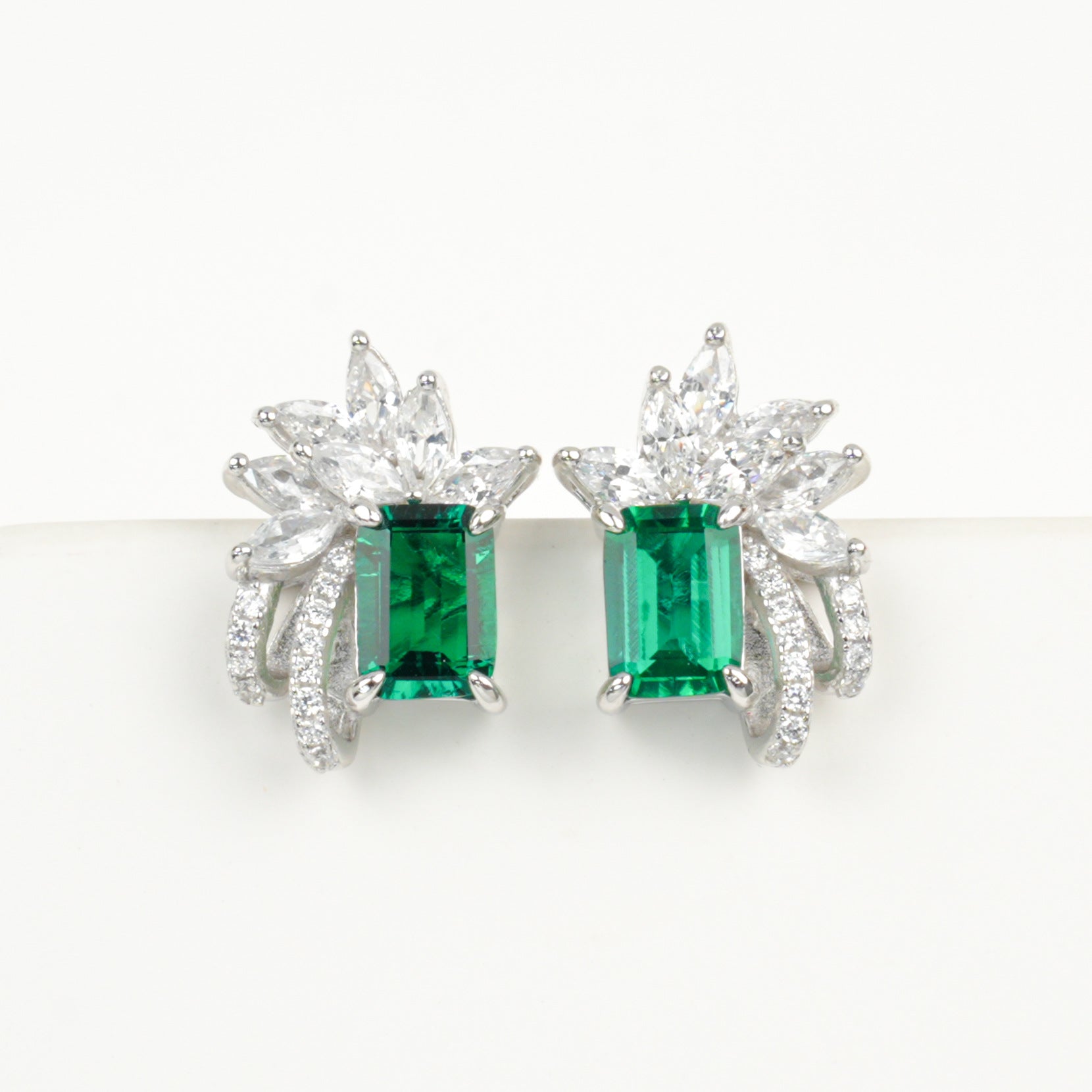 925 Sterling Silver Lab Emerald Square Stud Earrings, Princess Premium Vintage - Photo 5