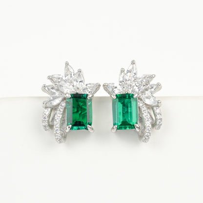 925 Sterling Silver Lab Emerald Square Stud Earrings, Princess Premium Vintage - Photo 5