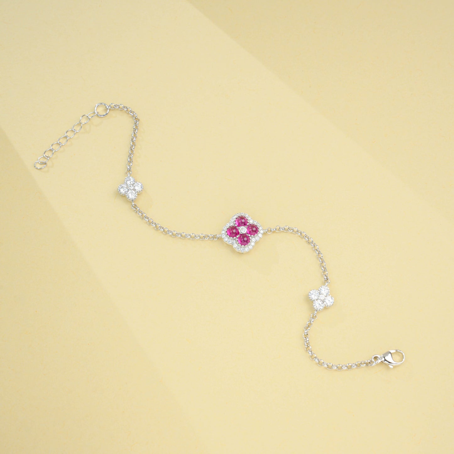 S925 Sterling Silver Lab Ruby Four-Leaf Clover Pave Bracelet, Premium - Photo 3