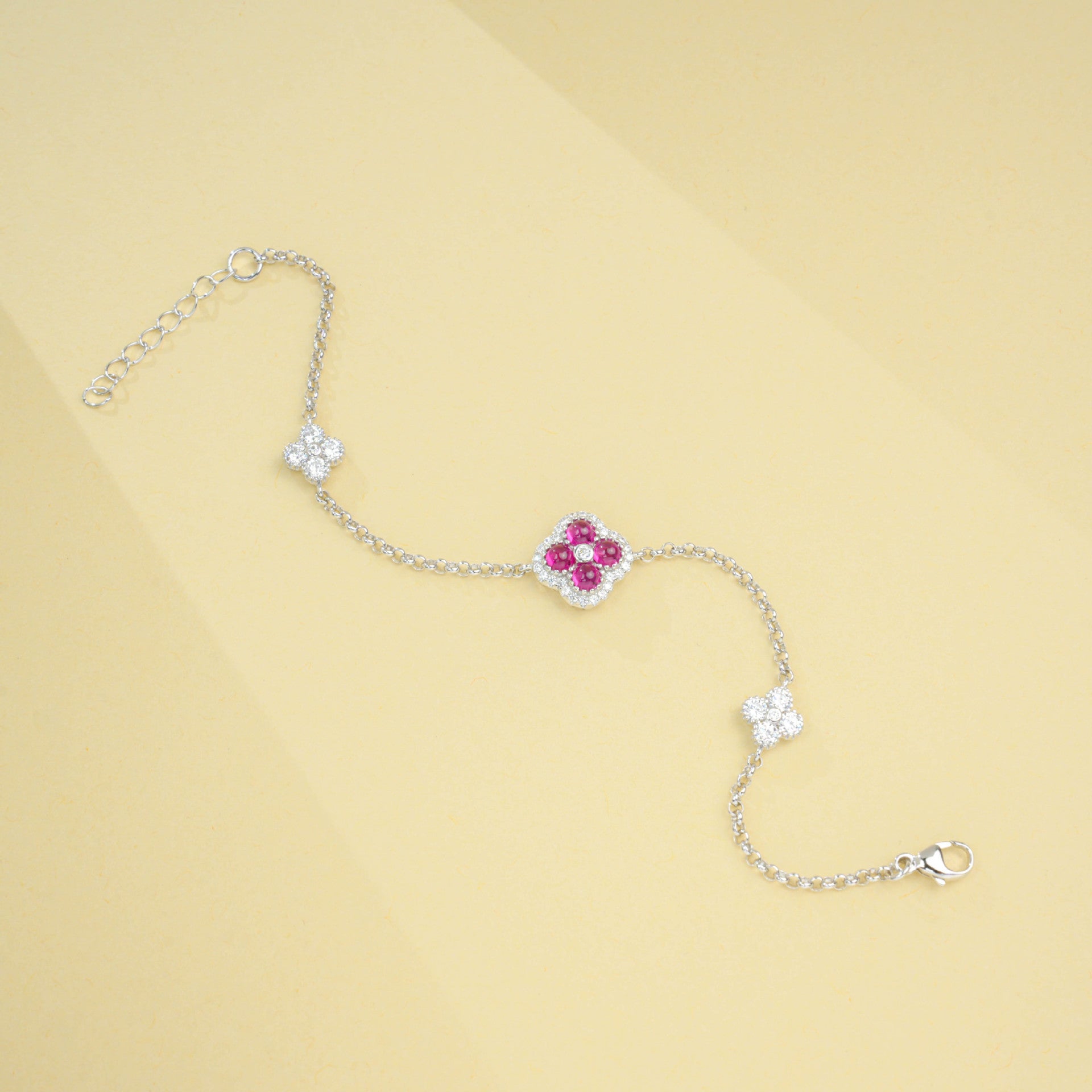 S925 Sterling Silver Lab Ruby Four-Leaf Clover Pave Bracelet, Premium - Photo 3