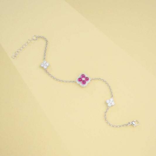 S925 Sterling Silver Lab Ruby Four-Leaf Clover Pave Bracelet, Premium - Photo 3
