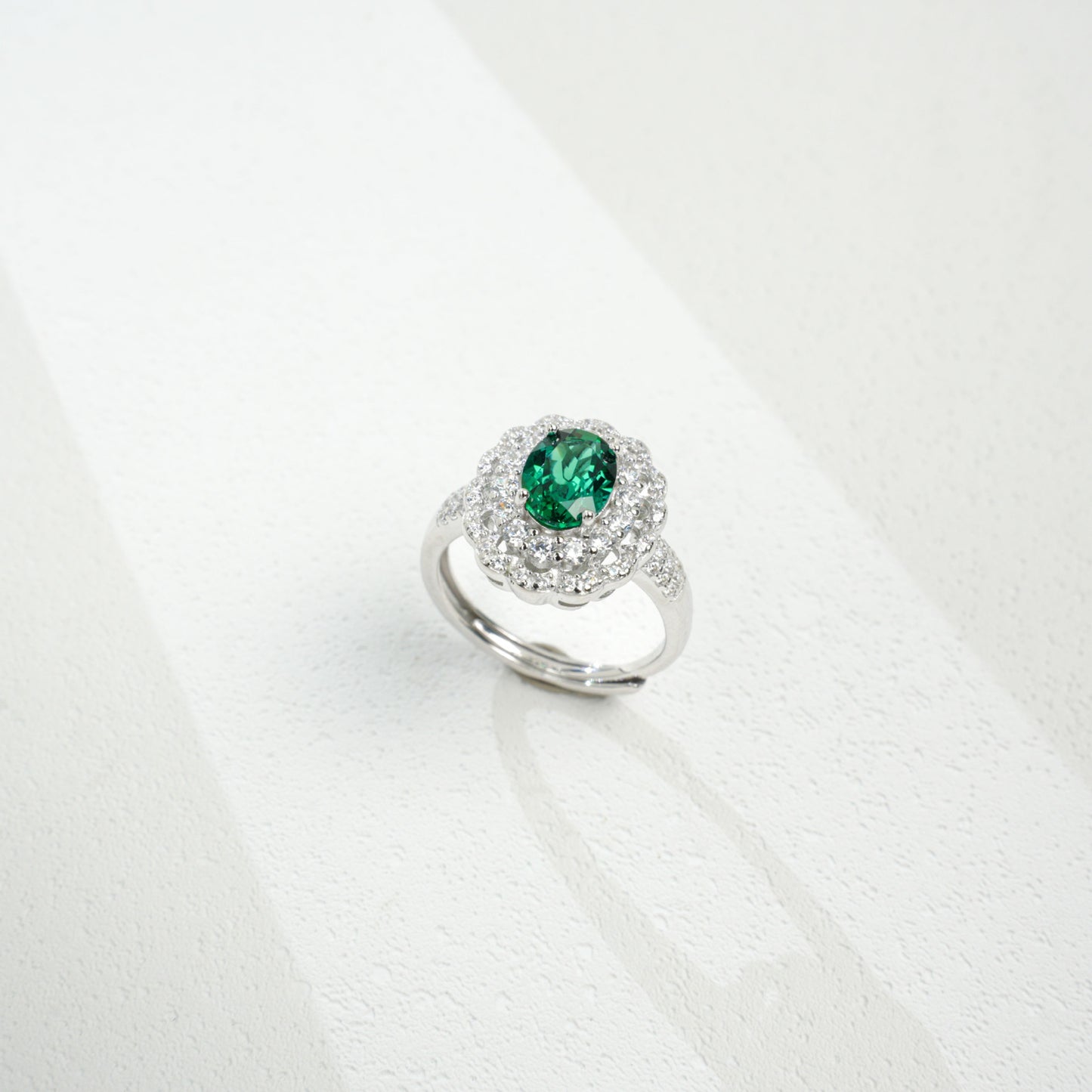 S925 Sterling Silver Oval Lab Emerald Double-Halo Pave Ring, Vintage for Women - Photo 2