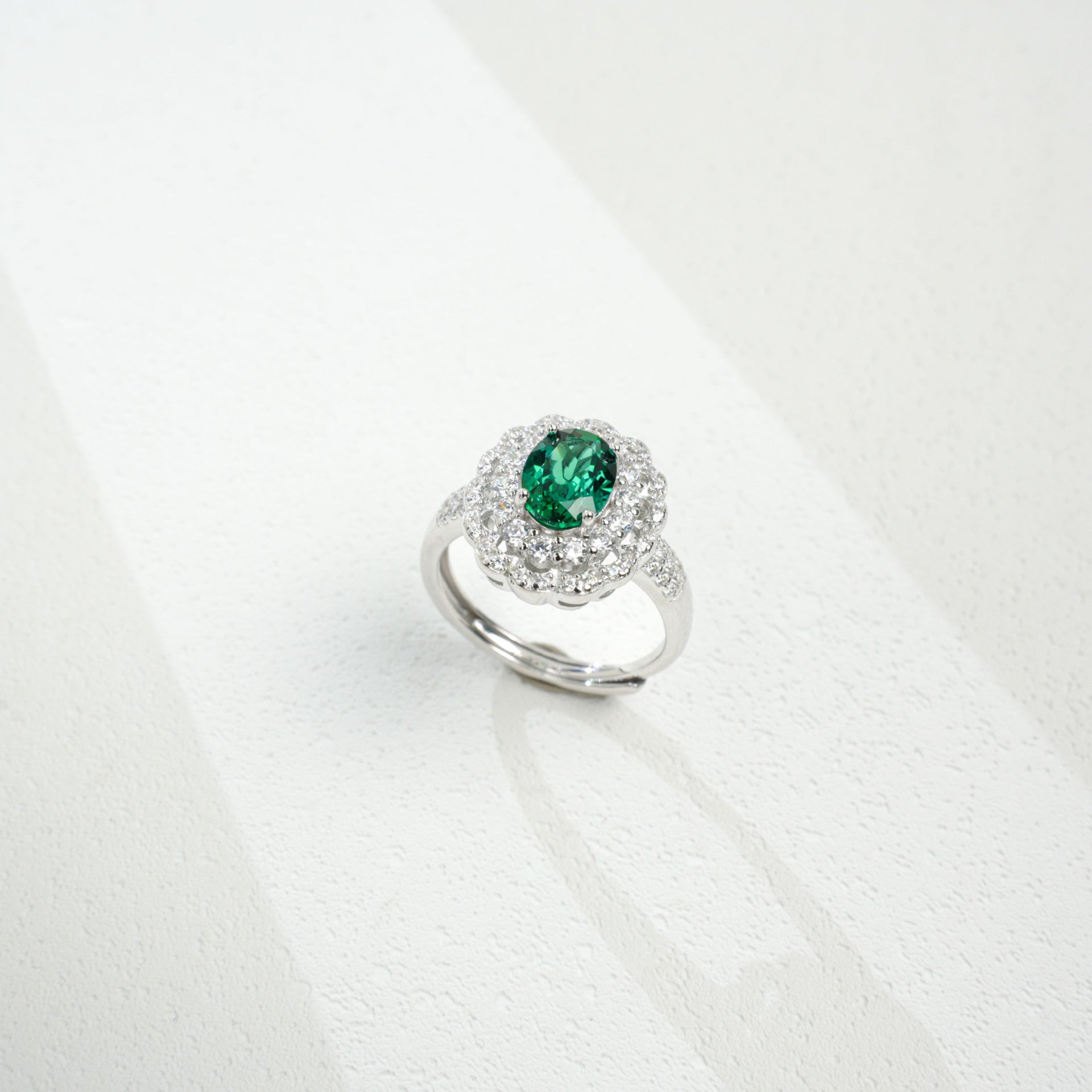 S925 Sterling Silver Oval Lab Emerald Double-Halo Pave Ring, Vintage for Women - Photo 2