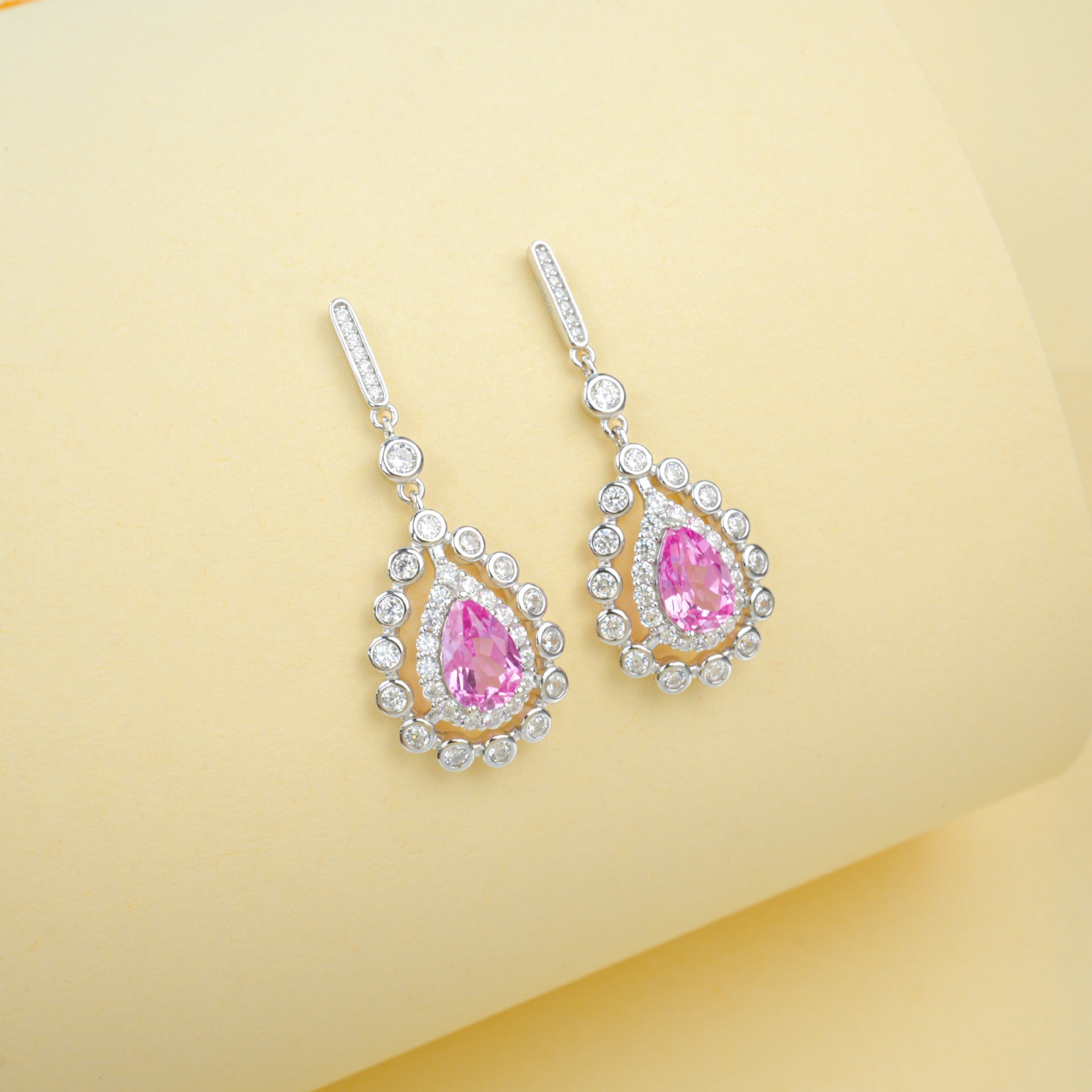 S925 Sterling Silver Lab Paraiba Teardrop Geometric Halo Drop Earrings - Photo 3