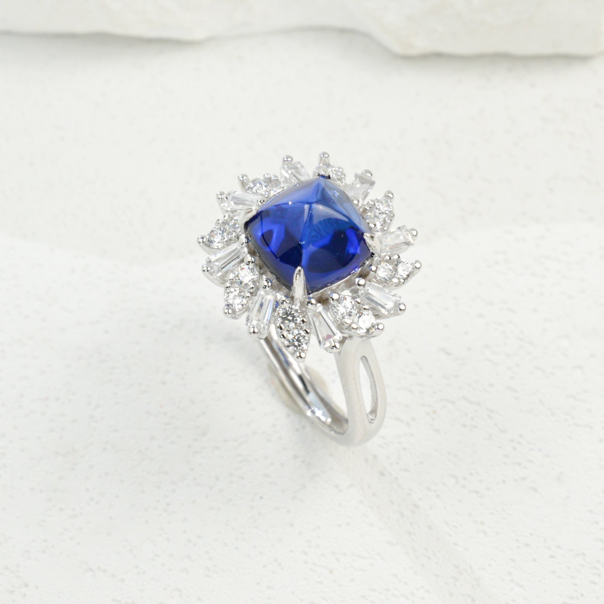 S925 Sterling Silver Lab Sapphire Sugar-Loaf Adjustable Ring, Designer - Photo 5