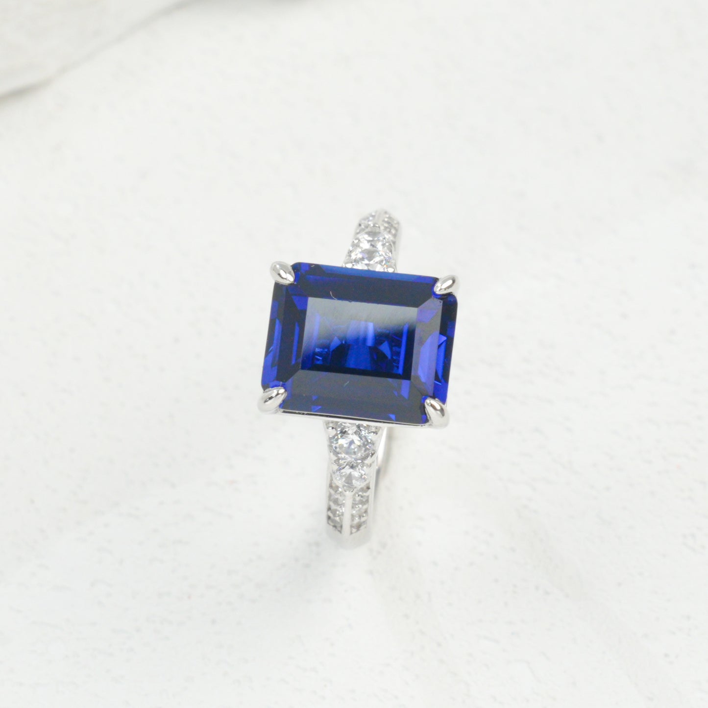 S925 Sterling Silver Lab Sapphire Ring 4-Claw Double-Side Full Diamond, Anniversary Versatile Elegant - Photo 2