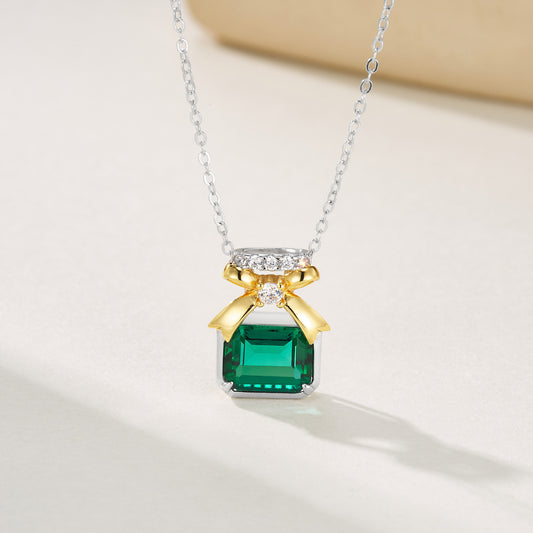 S925 Sterling Silver Bow Gift Box Emerald Pendant Necklace, Gold Versatile Premium - Photo 3