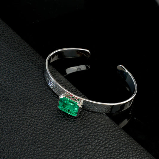 S925 Sterling Silver Lab Emerald Bangle, Premium Vintage Textured - Photo 3