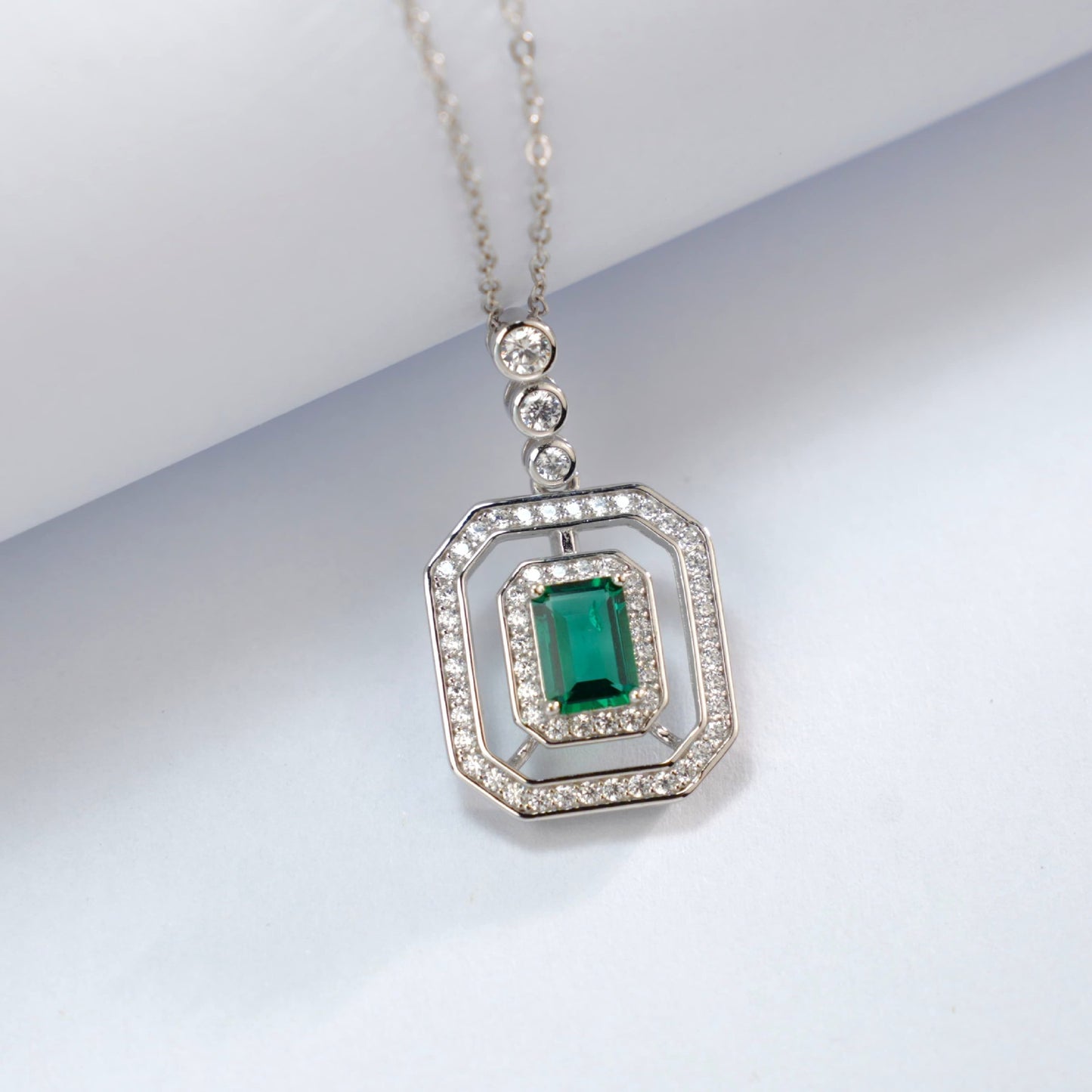 S925 Silver Lab Emerald Necklace Square Premium - Photo 2