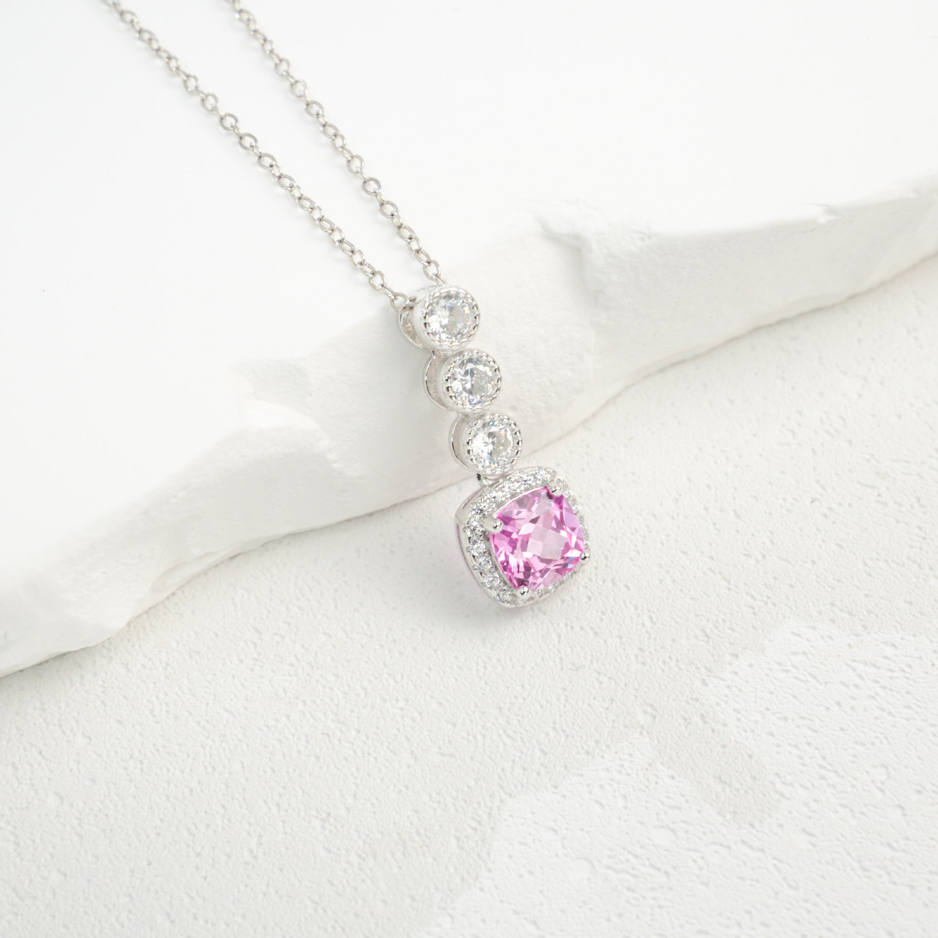 S925 Sterling Silver Lab Padparadscha Pave Step-Cut Pendant Necklace, for Women - Photo 4