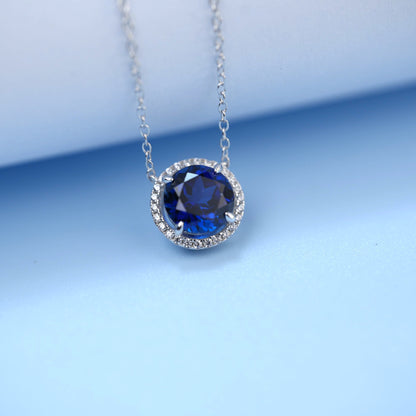 S925 Silver Round Lab Sapphire Single-Hoop Full Diamond Halo Pendant Necklace, Premium - Photo 2
