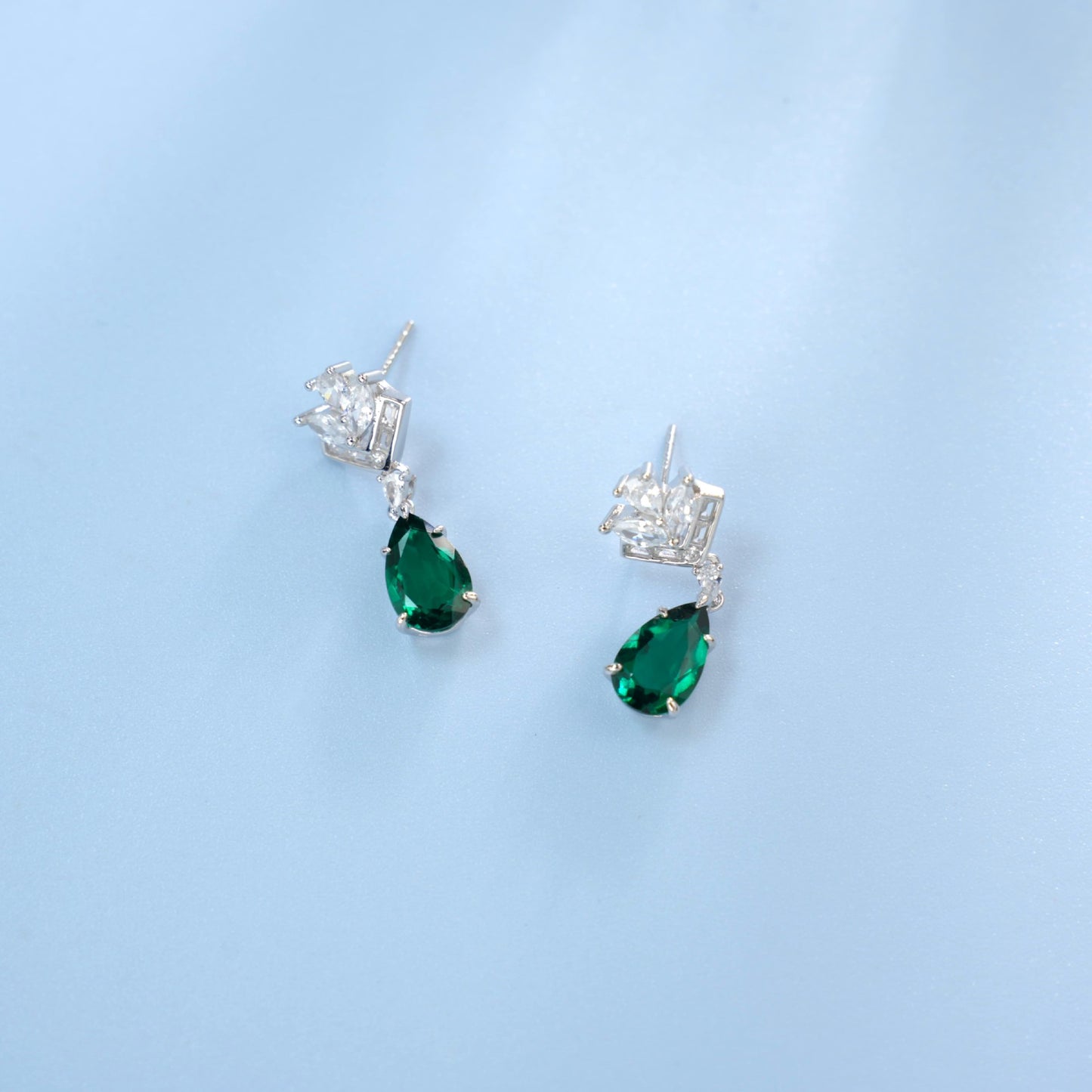 S925 Silver Crown Teardrop Lab Emerald Stud Earrings, Diamond Long Drop - Photo 3