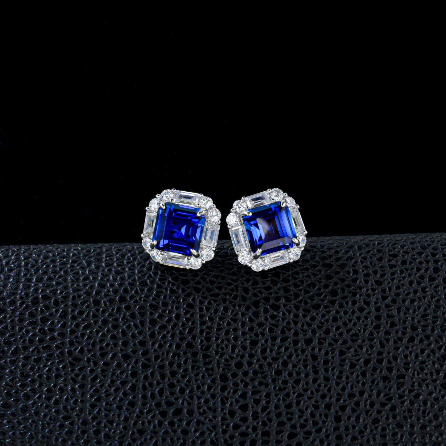 S925 Silver Lab Sapphire Stud Earrings Square Double-Layer Step Diamond Halo, Date Business Evening - Photo 3
