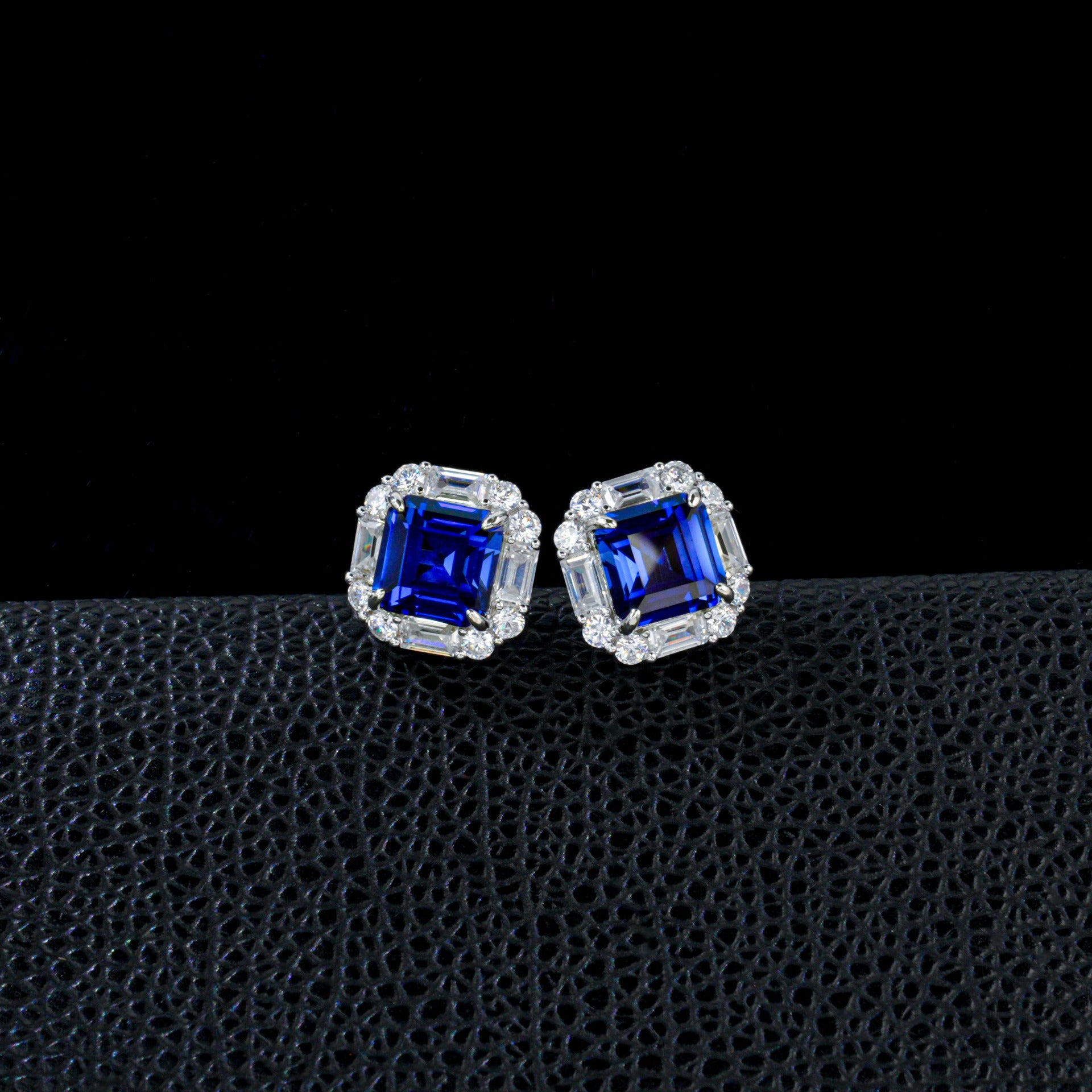 S925 Silver Lab Sapphire Stud Earrings Square Double-Layer Step Diamond Halo, Date Business Evening - Photo 3