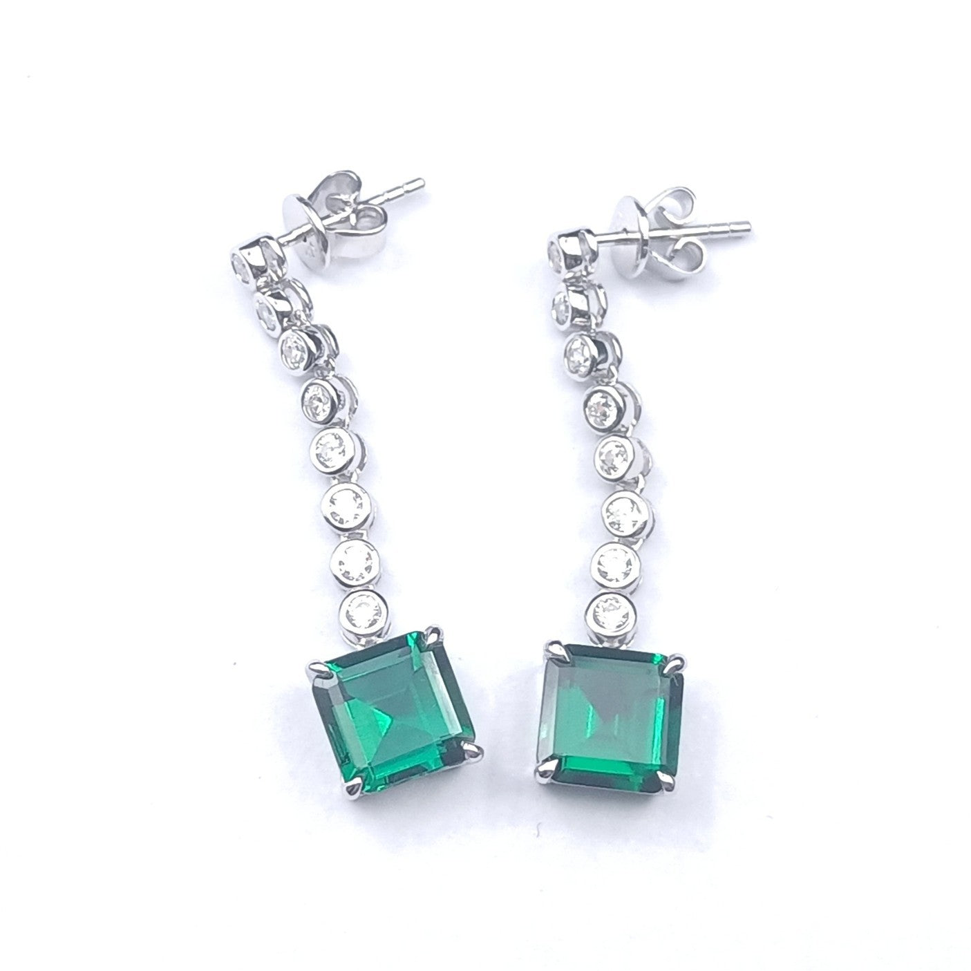 S925 Silver Princess-Cut Lab Emerald Long Drop Earrings, Pave Diamond Chain - Photo 4