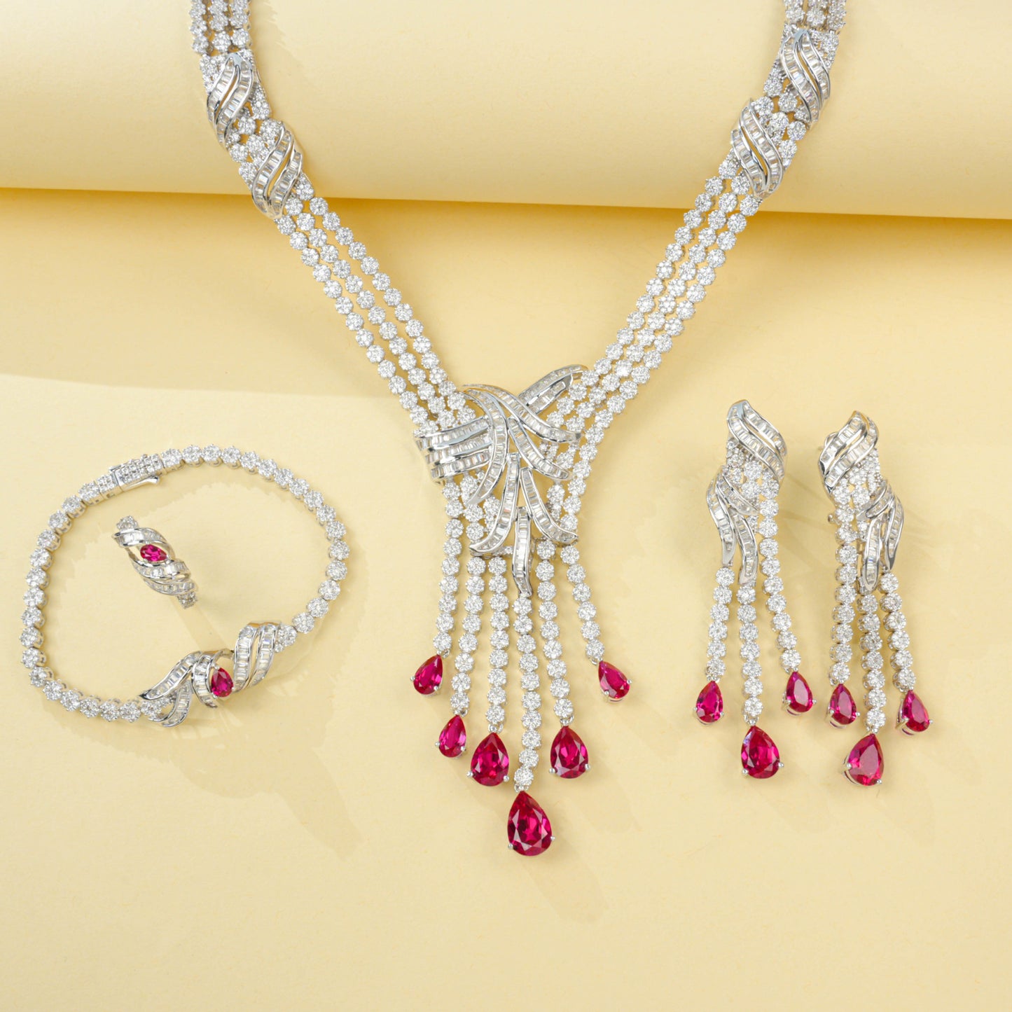 S925 Sterling Silver Lab Ruby Jewellery Set (Necklace, Bracelet, Ring, Earrings) - Photo 2