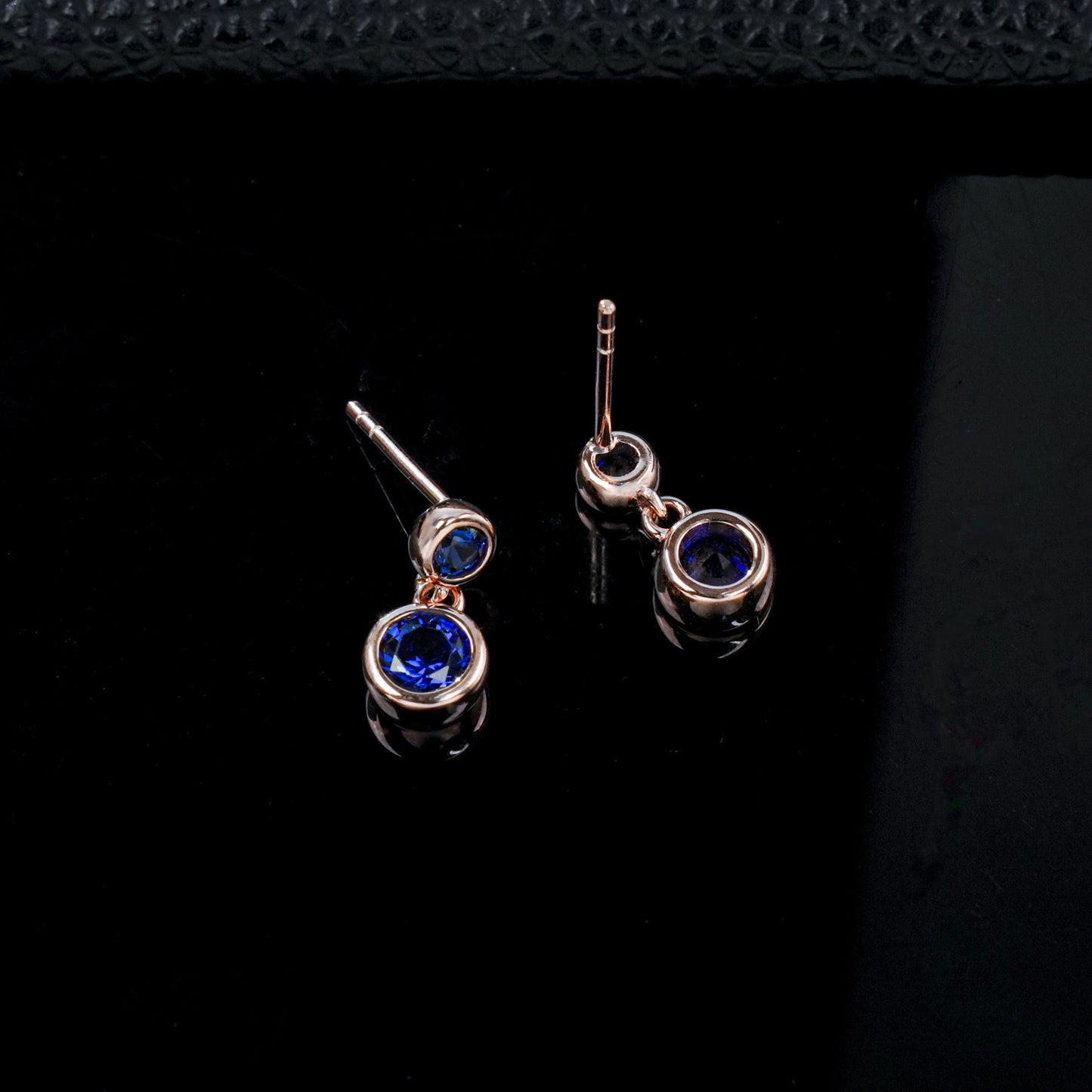 S925 Silver Double Round Bezel Sapphire Stud Earrings, Rose Gold Drop - Photo 4